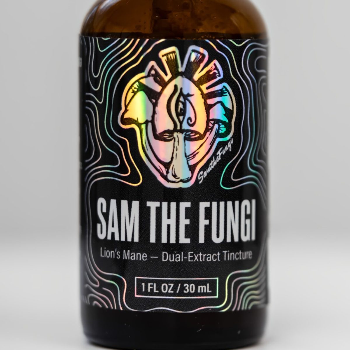 Close-up of the Sam the Fungi Lion's Mane dual-extract tincture label, 1 fl oz / 30 mL