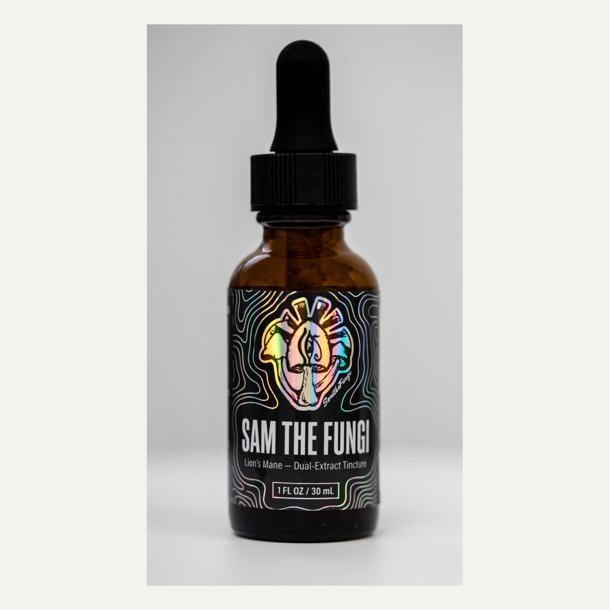 Sam the Fungi lion's mane tincture in a 1 fl oz amber dropper bottle